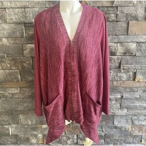 Logo Lori Goldstein‎ Zip Front Cardigan Knot Sweater Sharkbite Hem Maroon XL